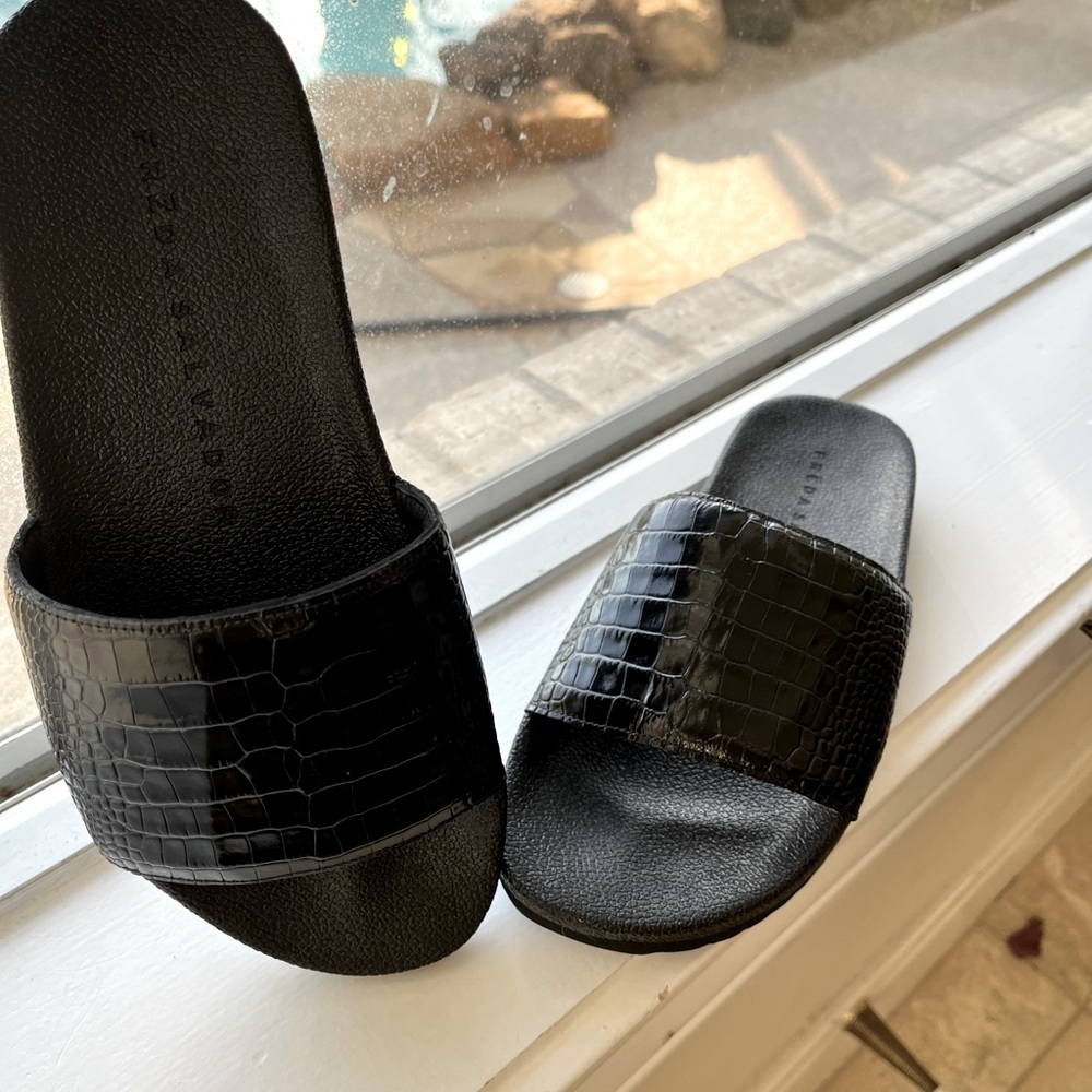 NWOT: Freda Salvador black croc slides.
